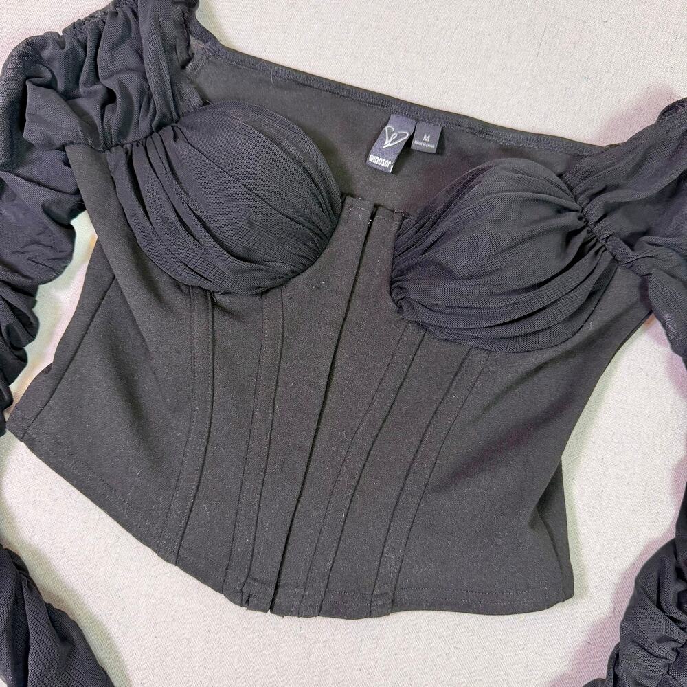 Windsor Black Corset Bustier Sheer Ruched Sleeve Women's M Victorian Goth Witchy